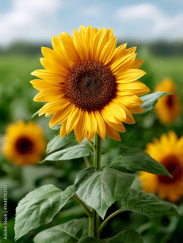 Fototapeta premium Sunflower in focus in a green field with blurred background.
