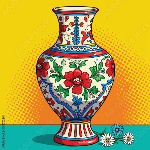 A colorful, stylized drawing of a ceramic vase with intricate patterns