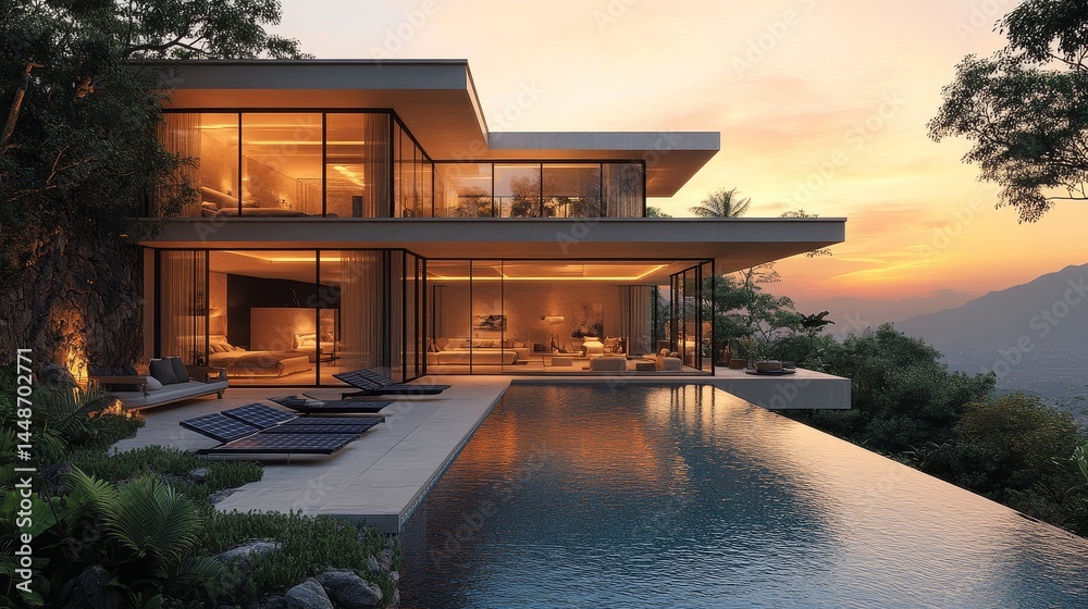 Fototapeta premium A breathtaking luxury villa perched on a hillside, overlooking a vast valley bathed in golden sunset light.