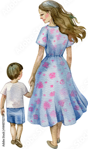 mom and son watercolor illustration for mother's day for greeting card, wrapping, sticker, other products