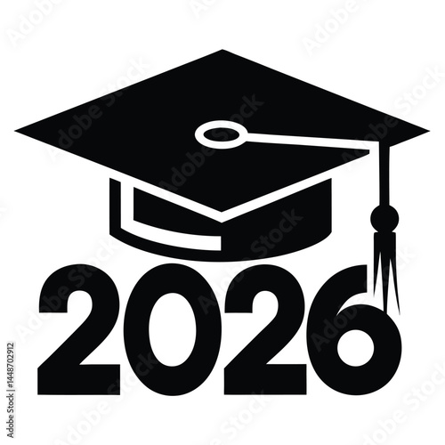 graduation cap, mortarboard, tassel, class of 2026, academic achievement, black and white, minimalist design, icon, logo, silhouette, education symbol, vector graphic, clean lines, bold typography