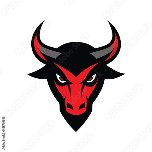 Stylized bull logo, red and black color scheme, fierce bull head, angular design, sharp horns, minimalist illustration, sports team mascot, graphic design, vector art, bold lines, 