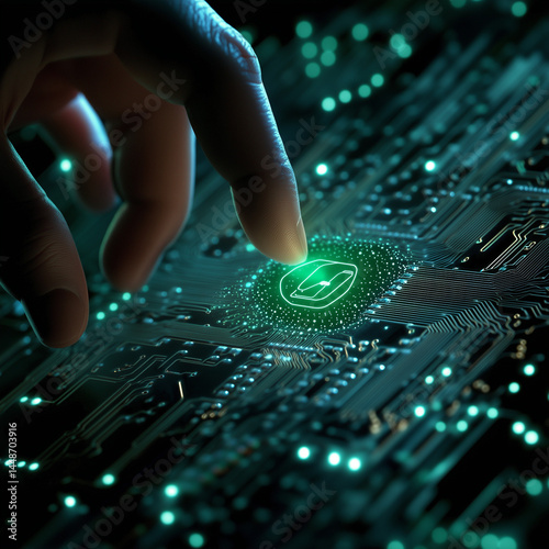 Obraz na płótnie Homem tocando ícone de inteligência artificial em uma placa de circuito eletrônico. Conceito de IA generativa criando textos, documentos e ideias em ambiente digital abstrato w salonie
