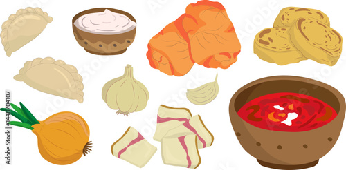 ukrainian traditional dishes vector set borscht, holubtsi, syrniki, varenyky, sour cream, salo, national cuisine food elements isolated on white