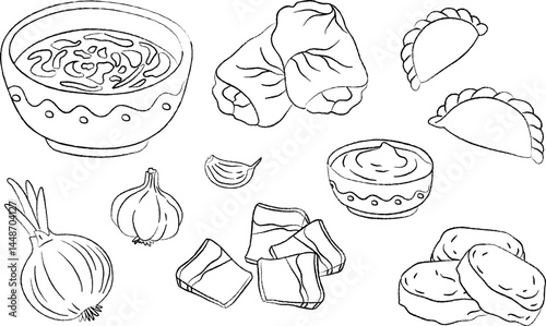 ukrainian food line art vector illustration set borscht soup, holubtsi, syrniki, sour cream, salo pork fat, garlic, traditional cuisine