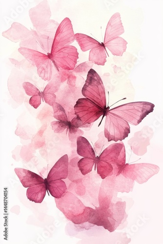 Watercolor pink butterflies on a white background creating a dreamy and elegant floral arrangement with a soft and romantic artistic style for spring and summer designs