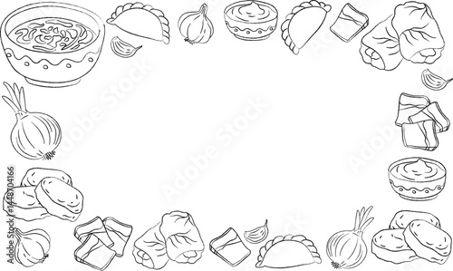 ukrainian food frame line art vector illustration, traditional cuisine border with borscht, holubtsi, syrniki, sour cream, salo, garlic, onion, space in center