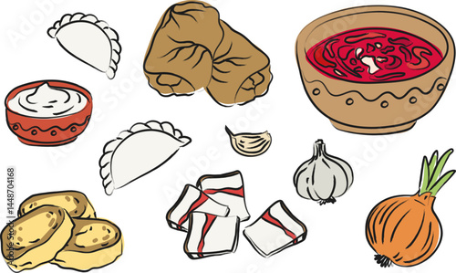 ukrainian traditional dishes vector illustration set borscht soup, holubtsi syrniki cheese pancakes, varenyky dumplings, salo pork fat, garlic, onion