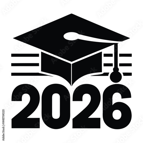 Graduation cap icon, Class of 2026 logo, Black and white design, Minimalist academic symbol, Square composition, Bold typography, Mortarboard silhouette, Achievement emblem, 