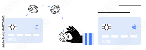 Credit cards, hand holding coin, flying coins symbolizing financial transaction. Ideal for finance, banking, mobile payment, digital wallet, e-commerce fintech cashless society. Flat simple