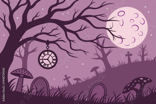 50 Dark fantasy landscape, eerie purple sky, glowing pink moon, twisted dead trees, floating orbs with clocks, surreal graveyard, glowing mushrooms, misty atmosphere, silhouetted tombstones, ethereal 