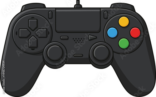 Game controller with colorful buttons and black design for video gaming and entertainment vector illustration