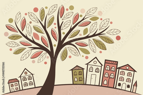 51 Colorful tree with circular leaves, whimsical cityscape, naive art style, folk art, stylized houses, textured background, pastel colors, charming illustration, decorative painting, seasonal tree, u