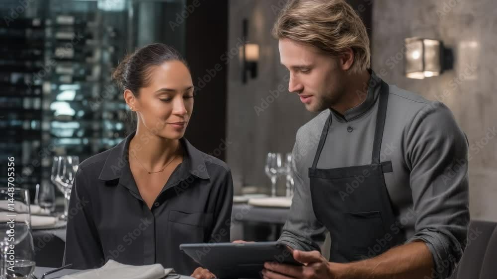 Waiter showing menu on tablet to customer in restaurant Waiter showing menu on tablet to customer in restaurant