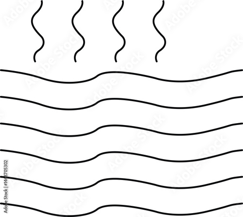 Minimal Line Art of Wavy Water Surface with Rising Heat Lines Representing Hot Water, Steam, Temperature Flow, and Thermal Motion in Monochrome Vector Style