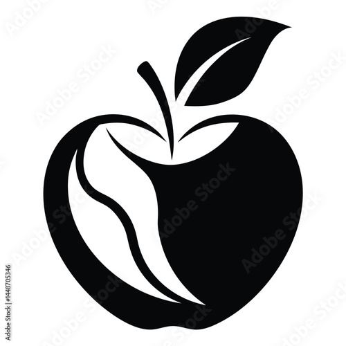 Black and white graphic, minimalist apple silhouette, stylized leaf, organic curves, negative space design, bold contrast, simple yet elegant, vector art style, iconic logo aesthetic, crisp edges, 