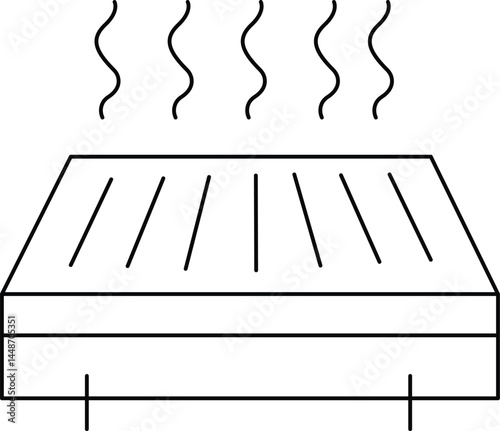 Minimal Line Art of Heated Mattress with Rising Steam Lines Representing Thermal Comfort, Warm Bedding, Temperature Control, and Sleep Technology in Monochrome Vector Style