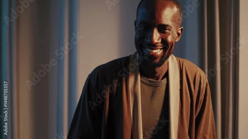 Smiling man in relaxed kimono-style outfit standing at home