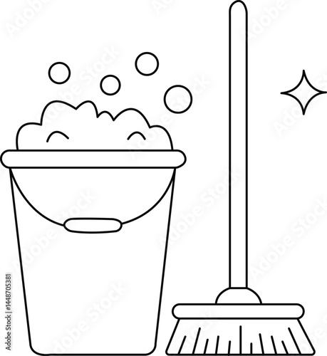 Cleaning equipment with bucket mop and bubbles representing hygiene housekeeping cleanliness maintenance service and janitorial task in domestic or commercial environment
