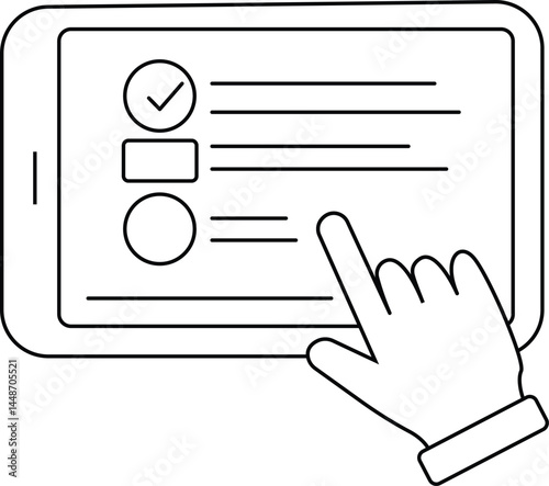 Minimal Line Art of Hand Selecting Option on Tablet Screen Representing Online Survey, Mobile Voting, Digital Form Submission, and User Interaction in Monochrome Vector Style