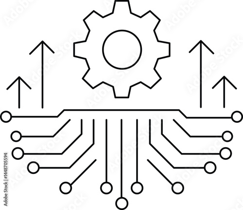 Minimal Line Art of Circuit Gear with Upward Arrows Representing Digital Transformation, Tech Growth, System Innovation, and Network Automation in Monochrome Vector Style

