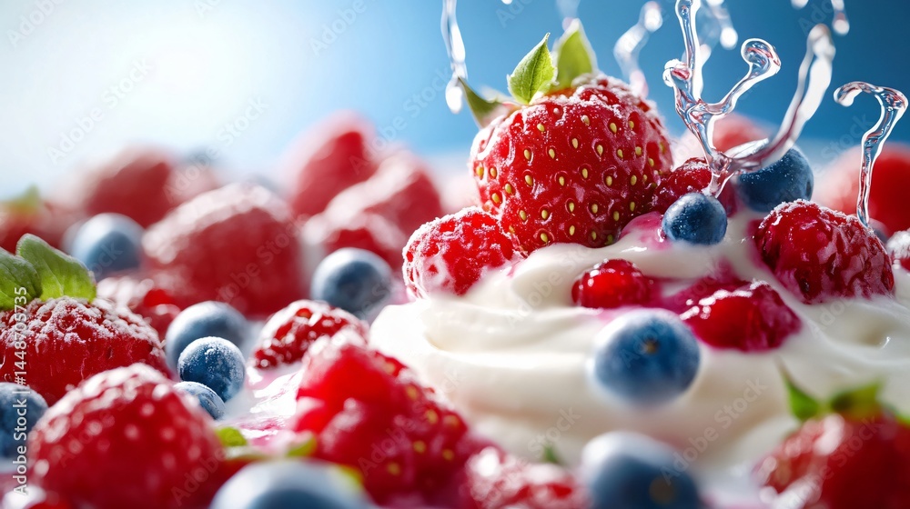 Vibrant Fresh Berries and Cream Create Colorful Splash Image Vibrant Fresh Berries and Cream Create Colorful Splash Image