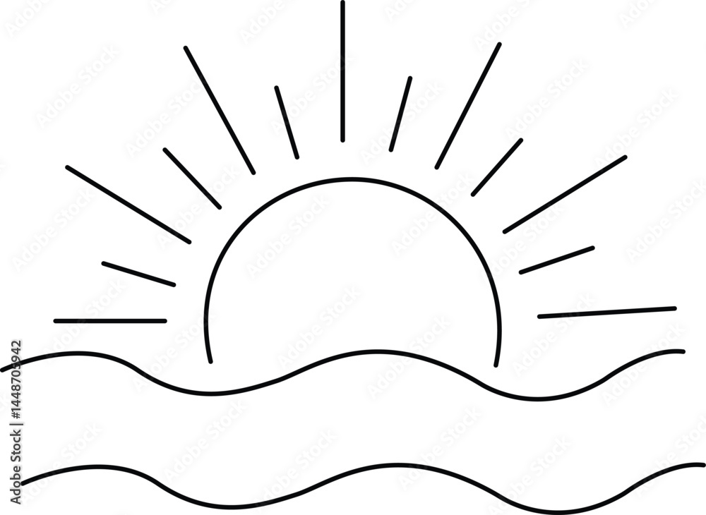 Fototapeta premium Sunrise over ocean icon vector with minimal outline style for weather forecast climate and summer travel design use daily app