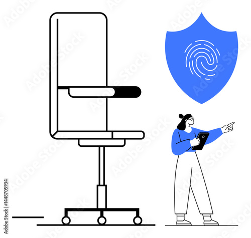 Large office chair symbolizes workplace, shield with fingerprint highlights data security, female professional with tablet suggests analysis. Ideal for cybersecurity, privacy, workplace themes, HR