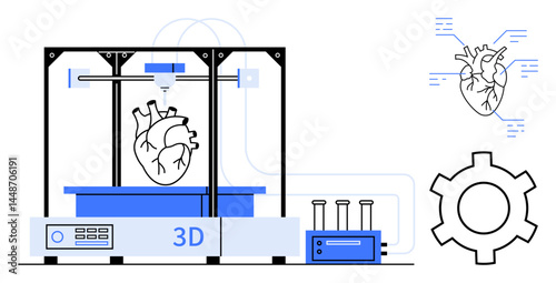 3D printer producing a heart model with technological and anatomical diagrams. Ideal for medical technology, innovation, research, healthcare, biotechnology, education, simple landing page