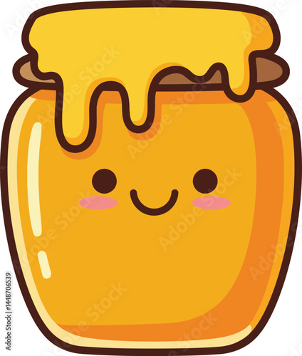 Cute honey jar with dripping golden honey vector illustration in kawaii style smiling face 