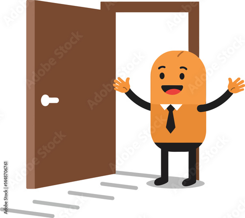 Friendly cartoon businessman character welcoming with open door in office environment vector illustration 
