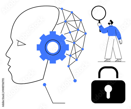 Human head with gear and neural connections, person holding magnifying glass, padlock. Ideal for technology, innovation, AI, data security, research, analytics education simple landing page