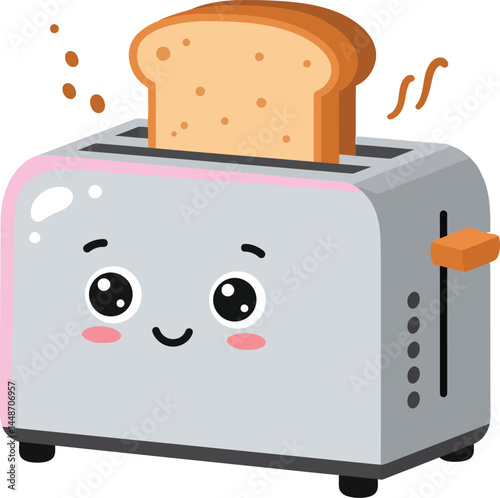 Cute smiling toaster with toasted bread popping up in cartoon style kitchen appliance illustration vector 