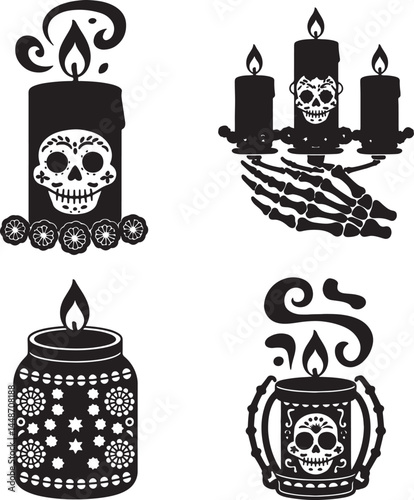 Day of Dead Candle silhouette set vector illustration isolated On Transparent Background