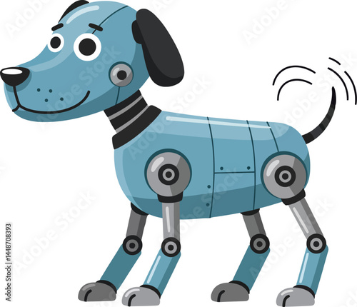 Robot dog with blue metallic body and wagging tail cute futuristic pet technology illustration 