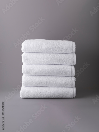 stack of white terry towels on grey background