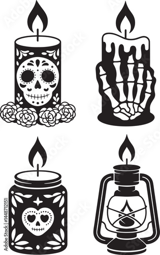 Day of Dead Candle silhouette set vector illustration isolated On Transparent Background