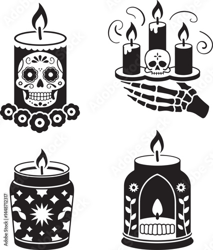 Day of Dead Candle silhouette set vector illustration isolated On Transparent Background