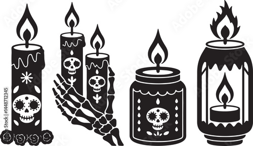 Day of Dead Candle silhouette set vector illustration isolated On Transparent Background