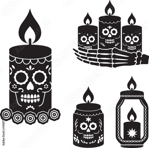 Day of Dead Candle silhouette set vector illustration isolated On Transparent Background
