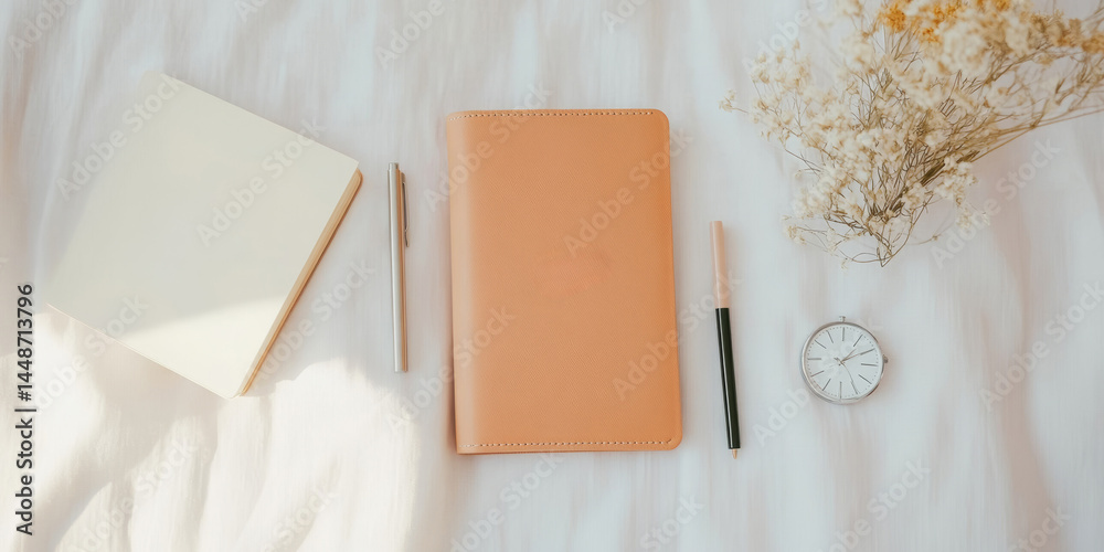 Fototapeta premium Elegant flat lay of notebook, pen, diary, and clock on white fabric with dried flowers
