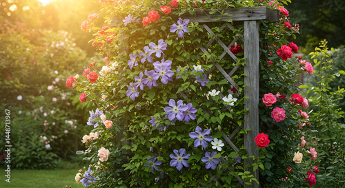 Fototapeta Naklejka Na Ścianę i Meble -  Beautiful Garden Pergola With Climbing Roses And Clematis In Summer
