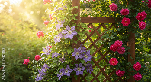 Romantic Floral Archway At Sunset Blooming With Roses And Clematis photo