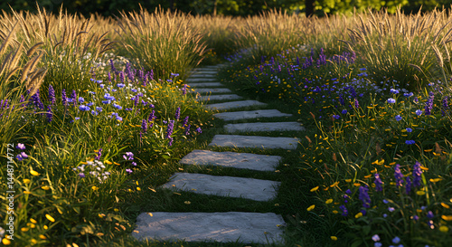 Stone Path Through A Meadow With Wildflowers And Decorative Grasses At Sunset