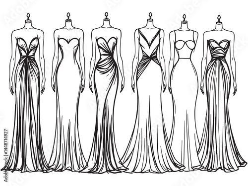 Evening Gown line art icon graceful evening dress outline