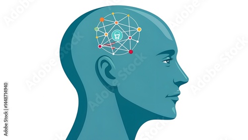 Illustration depicting the human brain with interconnected nodes and a light bulb symbolizing ideas and intelligence.