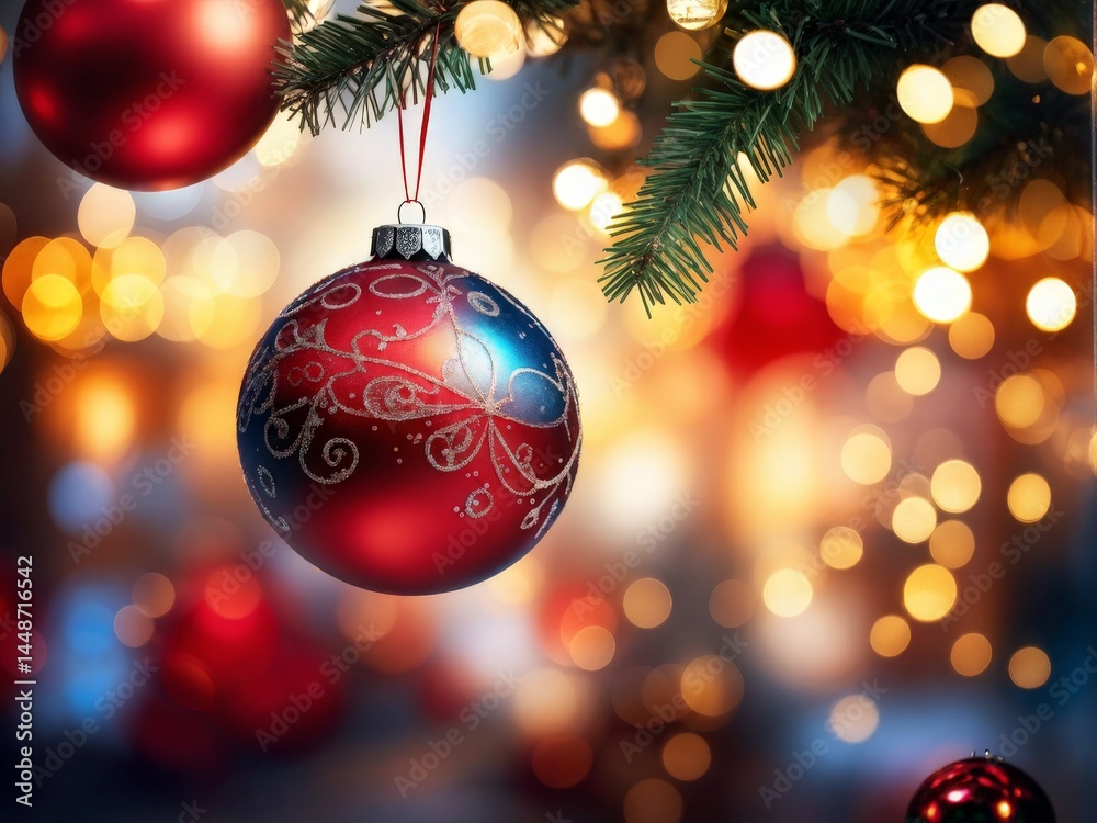Fototapeta premium christmas tree with red balls and lights in a blurred background.