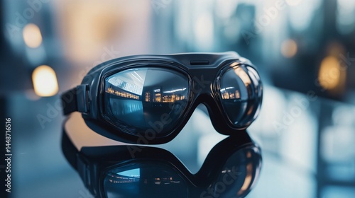 Futuristic Black High-Tech Goggles on Smooth Surface for Technology Concepts and Science Fiction Designs