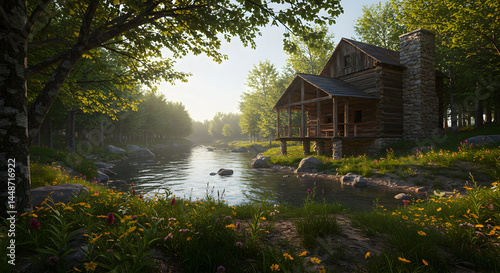 Fototapeta Naklejka Na Ścianę i Meble -  Secluded Log Cabin Nestled by Riverbank in a Lush Forest Setting