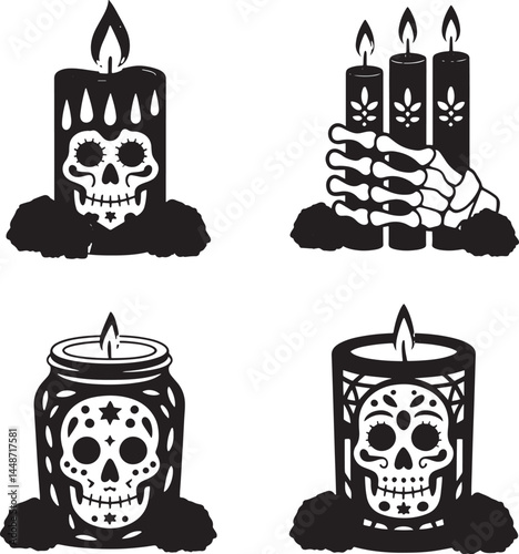 Day of Dead Candle silhouette set vector illustration isolated On Transparent Background